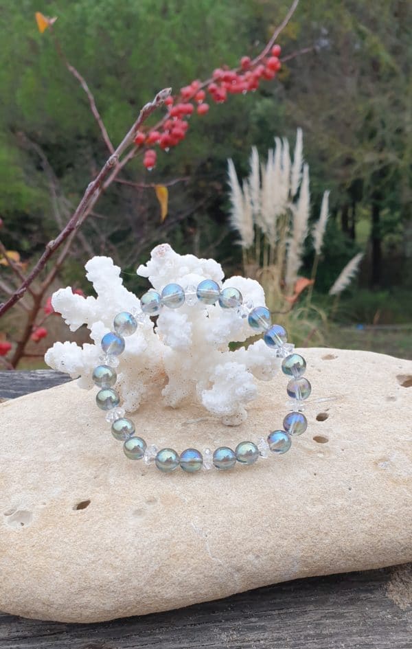 bracelet boule aqua aura et cristal de roche